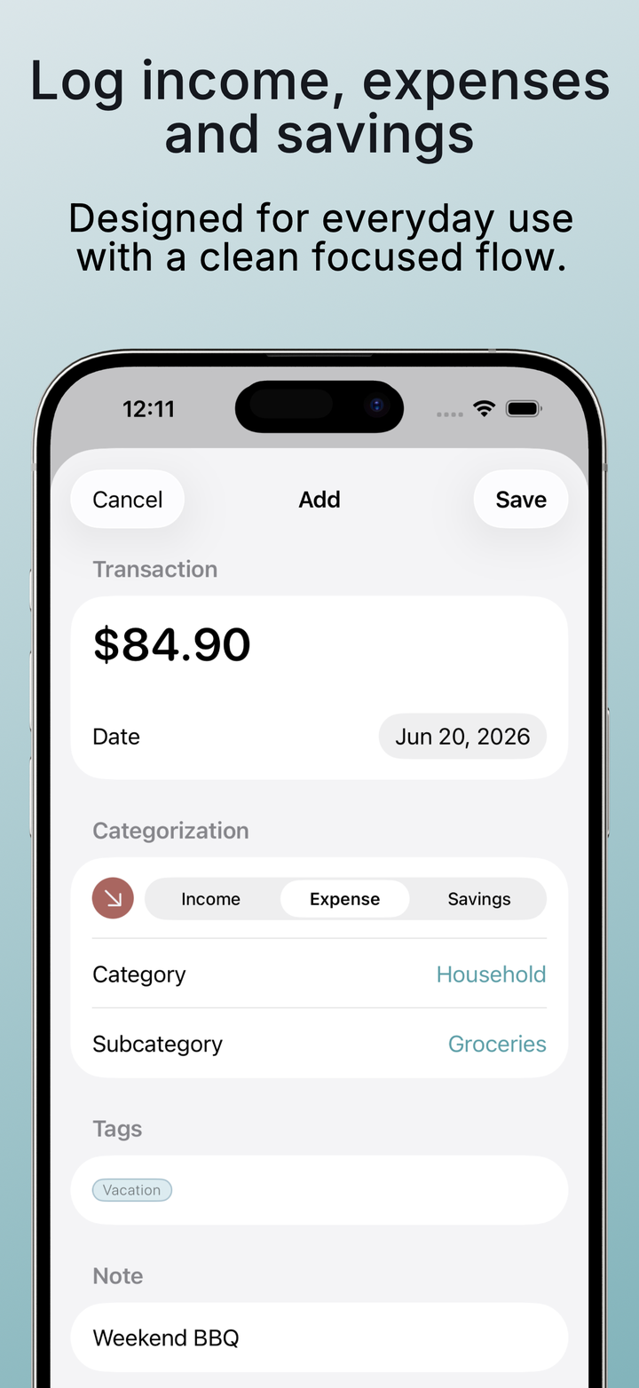 Adding an expense in Kuber with category, subcategory, tags, and note fields