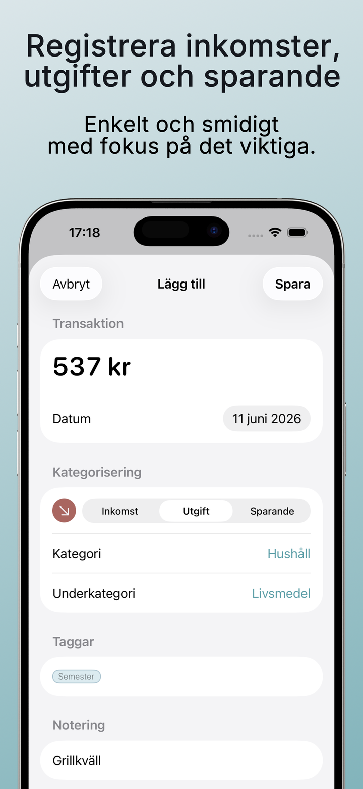 Registrering av en utgift i Kuber med kategori, underkategori, taggar och anteckning