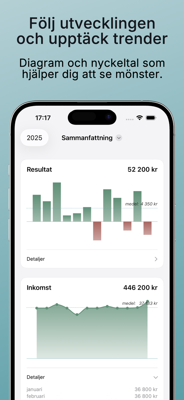 Årsöversikt i Kuber med diagram för resultat och inkomster